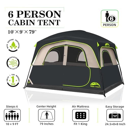 Happy Travel Tent 6 Person Blackout Camping Tent, Portable Easy Setup Cabin Tents with Dark Space Design, Light Blocking Tent with Top Rainfly for Outdoor Camping, Water-Resistant,10'L x 9'W x 79" H — view 2