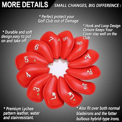 FINGER TEN Golf Club Iron Head Covers Pu Leather 12 Pack(Red) — view 2
