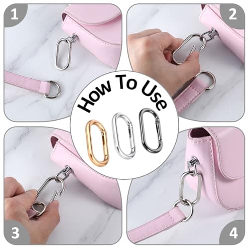 6 Pcs Bag Strap Clip,Key Clip for Purse,Bag Charm Metal Spring O Clips Keychain Oval Snap Clips Carabiner for Purse for Handbag Key Crafts Jewelry Making Webbing Lanyards (Gold, Silver, Black) — view 5