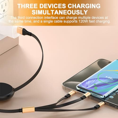 120W Retractable Multi Charger Cable 2 in 3, Fast Charging Cable USB A/C to PD/USB C/Micro B, Cord For Smartphones, Laptops, Tablets, Portable Travel Car Accessories, Tangle Free Black Gold 1.2M — view 5