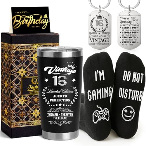 Joybble Gifts for Teen Boys, 16th Birthday Gifts for Boys, Birthday Box with 20oz Stainless Steel Travel Tumbler, Unusual Presents Gift Ideas for Him, Son Gift Set with Gaming Socks Keyring