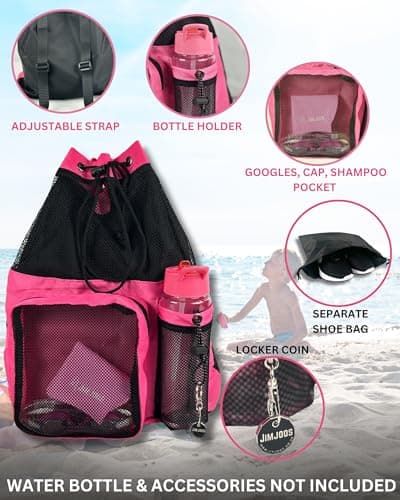 JIMJOOS Drawstring Mesh Swimming Bag - 25L Waterproof Swim Bag with Wet/Dry Compartment, Multifunctional Sports Backpack for Kids, Adults, Swimming, Surfing, Beach, Gym (PINK) — view 4