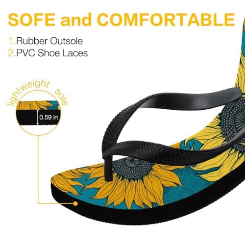 Flip Flops Unisex Womens Flip Flops, Teal Yellow Sunflower Blooms Pool Sliders Mens Toe Post for Women Bathroom Shower Shoes Slippers Auntie Gifts Mum Birthday Gifts, Size 9 (275MM) — view 6