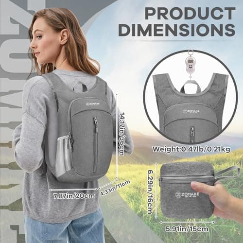 ZOMAKE Lightweight Foldable Backpack, Packable Rucksack (10L/Grey) — view 2