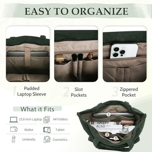 Kasgo Corduroy Tote Bag for Women, XXL 15.6" Laptop Work College Bag, Green — view 3