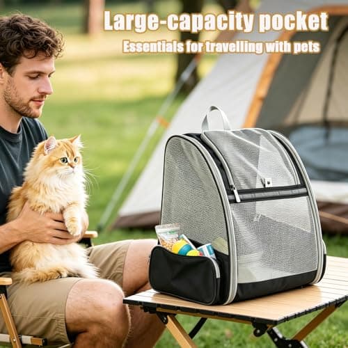 Cat Backpack Carrier for Small Dogs and Cats Fit Up to 8kg, Expandable & Foldable Pet Carrier Backpack with 3-Side Mesh Windows, Portable Pet Carrier with 2 Collapsible Feeding Bowls for Travel Hiking — view 4