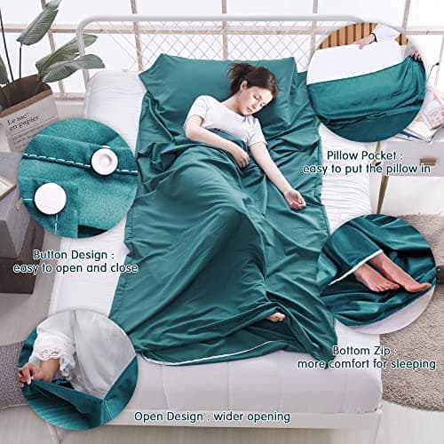 Plliocse Sleeping Bag Liner Travel Sheet Sleeping Bag, 75 x 210 cm Sleeping Bags Liners with Pillow Pockets for Adults, Travel, Hotels, Business Trip, Camping (Blue, 75cm x 210 cm) — view 4