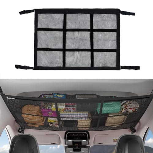 CCAIPU Car Ceiling Cargo Storage Net Pocket, Adjustable Double-Layer Mesh Storage Net Car Roof Organizer Long Trip Ceiling Storage Net for Car, SUV, Van (Black, 80*55cm)