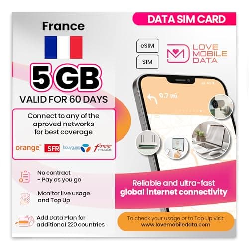 Love Mobile Data Only Sim Card - International Multi-Network 4G/5G Prepaid Pay As You Go Data Sim for Mobile Phones, WiFi Routers, & More, UK (O2, Three & Vodafone) & France - 5GB for 60 Days