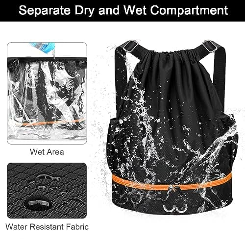 RYACO Drawstring Backpack Sports Gym Bag, Water Resistant String Sackpack Large Size with Zipper and Water Bottle Mesh Pockets for Gym Shopping Sport Yoga School Swimming Beach (Black & Orange) — view 3