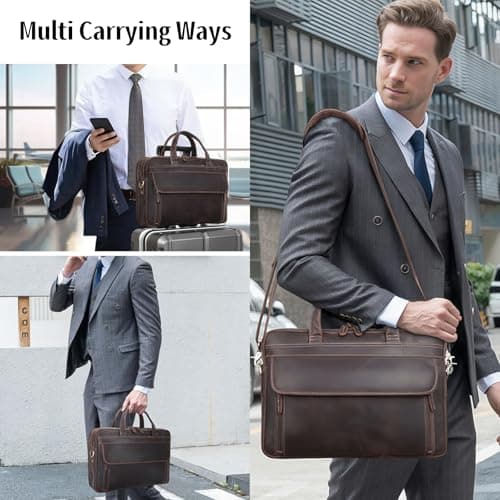 TIDING Genuine Leather Briefcases for Men 15.6 inch Two Laptop Case — view 2