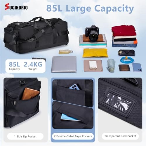 SUCIKORIO Travel Duffle Bag with Wheels 3 in 1 Travel Backpack Wheels Waterproof Oxford Carry On Hand Luggage Backpack with Combination Padlock Weekend Gym Bags for Women, Men, Travelling, Black — view 6