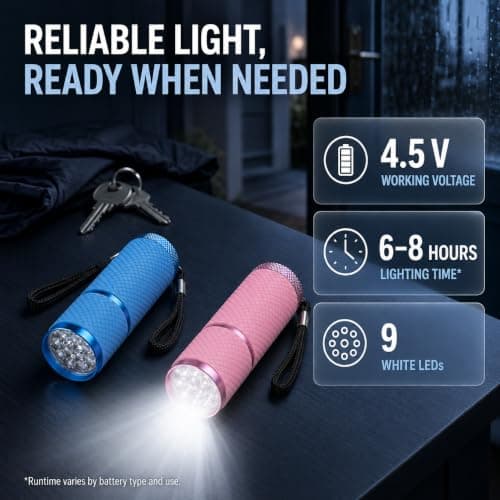 Voskilon 2 Pack Mini Torch Small Torch 9 LED Battery Powered, Glow in Dark Kids Torch with Lanyard, Compact Pocket Torch for Camping Hiking Walking Emergency Use, Aluminium Alloy Blue Pink — view 5