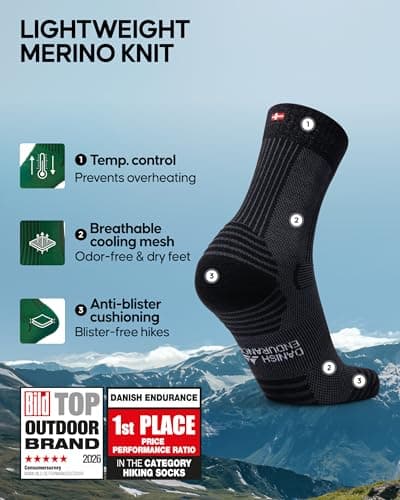DANISH ENDURANCE Walking Socks Merino Wool Lightweight, Anti Blister Hiking Socks, Breathable Trekking Socks, for Men & Women, 3 Pack, Black, 6-8 — view 2