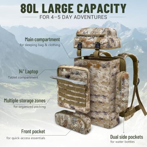 SUNDOY 80L Hiking Backpack, Large Capacity Camping Rucksack, 600D Outdoor Travel Pack with MOLLE System, Lightweight Trekking Backpack for Hiking, Camping & Backpacking (80L-Desert Camo) — view 2