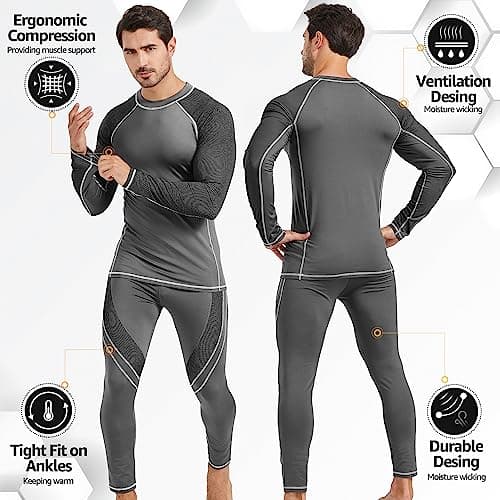 UNIQUEBELLA Mens Thermal Underwear Set Long Sleeve Tops Long Johns Thermal Base Layer Bottom Fleece Lined Quick Drying — view 2