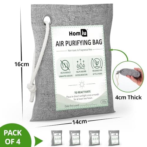 Homiu Bamboo Charcoal Air Purifying Bags - 4 Pack 200g Natural Odour Eliminator - Activated Charcoal Odour Absorber - Air Fresheners for Room Shoe Deodoriser Car Air freshener - Moisture Absorber — view 2