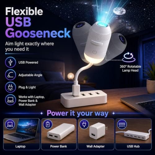 KoolShiro HD Smart 5D Holographic Night Light Projector, Smart HD Projector with 12 Films, 2-in-1 USB Plug & Play 360° Adjustable Ceiling Projector for Bedroom, Car & Ocean Starry Sky — view 6
