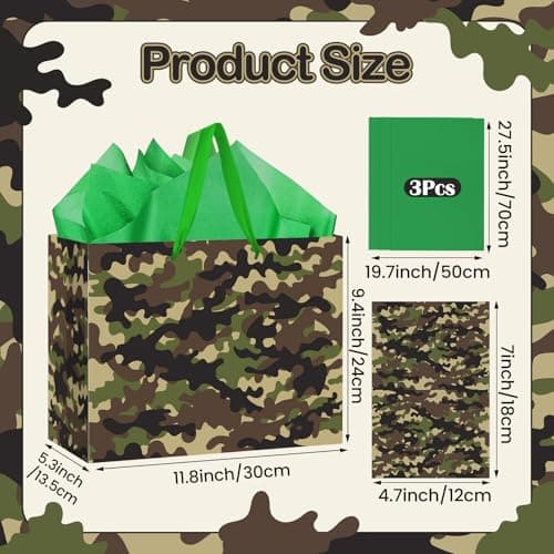 Camouflage Birthday Gift Bag with Card & 3 Sheets Green Tissue Paper, Army Military Theme Present Bag for Boys Men, Large Luxury Camo Wrap for Soldiers, Father's Day, Kids Party — view 4