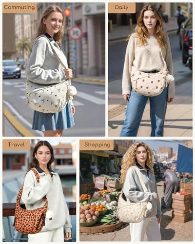 Micmores Corduroy Crescent Bag for Women - Aesthetic Printed Crossbody Moon Bag with Tablet Sleeve, Lightweight Shoulder Sling Purse for School, Travel & Daily Use (Beige-Cherry print) — view 2
