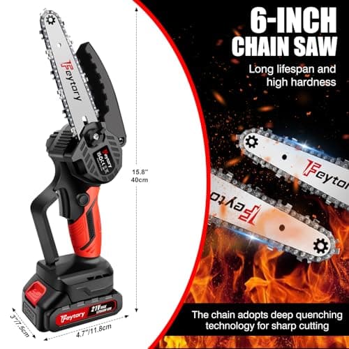 Mini Chainsaw Cordless 6 Inch, Small Hand Held Chainsaws, Electric Pruning Chain Saw with Replacement 2 Chains & Security Lock, Battery Chainsaw for Wood Cutting Tree Trimming (2 Battery and Charger) — view 3