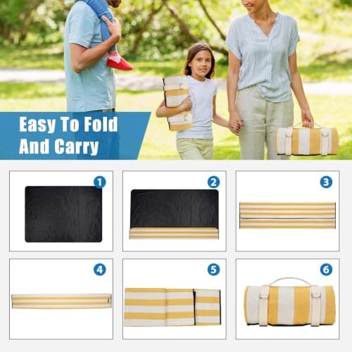 VIREO GARDEN Waterproof Picnic Blanket Portable with Carry Strap for Beach Mat or Family Outdoor Camping Party, 200X145cm Park Blanket for Grass Park, Hiking, Travel, Concerts.Bumblebee Yellow — view 6
