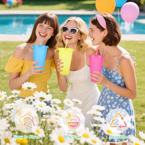 BELICOO 12 Pack Color Changing Cups, 710ml Plastic Cups with Straws & Lids — view 6