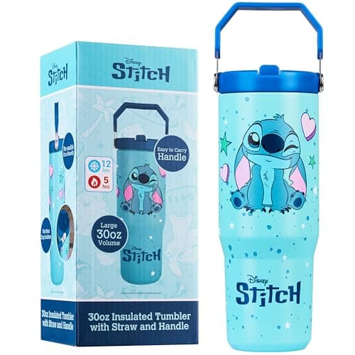 Get Trend Disney Stitch Insulated Tumbler Flip Up Straw & Handle, Metal Travel Water Bottle 850ml/30oz, Thermal Double Wall Vacuum, Hot & Cold Drinks (Blue Stitch)