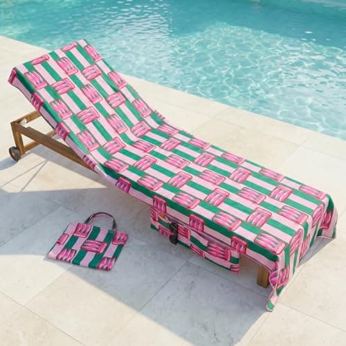 OHS Beach Towels for Adults Sun Lounger, Soft Quick-Dry Absorbent Sardine Stripe Sunbed Towels with Pockets Large Microfibre Beach Towel Summer Holiday Essentials, 75 x 215cm - Pink/Green — view 3