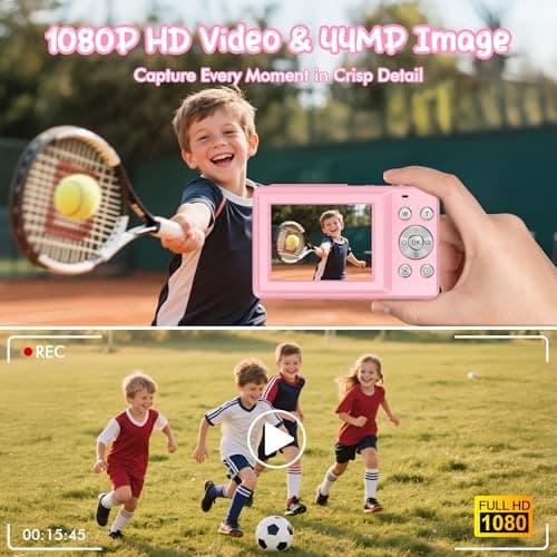 Digital Camera 1080P 44MP Vlogging Camera for Kids Teens, FHD Compact Portable Photo Camera with 2.4" Screen 16X Zoom, Anti-shake Mini Camera for Beginners Students Boys Girls-Pink（No SD Card) — view 2