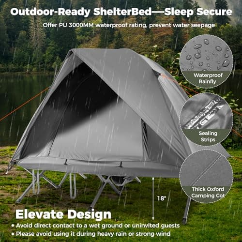 COSTWAY 2 Person Foldable Camping Tent, Elevated Tent Cot with Camping Bed, Waterproof Rainfly, 2 Mesh Doors and Wheeled Bag, Portable Outdoor Dome Tent (Round, Grey, 194 x 145 x 150 cm) — view 3