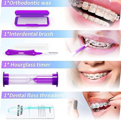 ZKSMNB Orthodontic Care Kit, Braces Kit, Portable Orthodontic Cleaning Kit, V-Brush Oral Mirror Interdental Brush Dental Floss Dental Wax Oral Care Travel 8-Piece Set (Purple) — view 3
