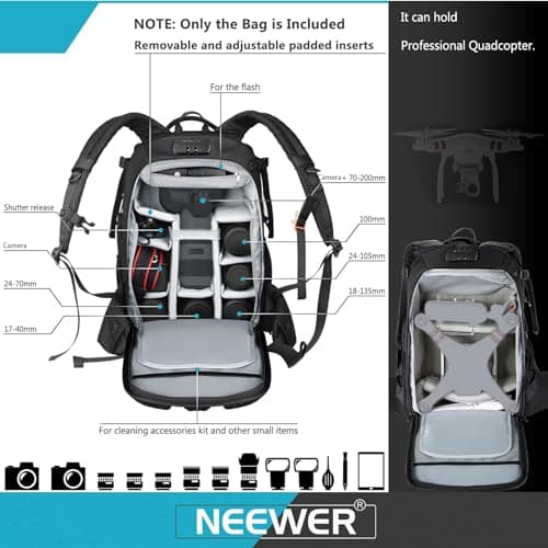 Neewer Pro Camera Case Waterproof Shockproof Adjustable Padded Camera Backpack Bag with Anti Theft Lock for DSLR, Compatible with DJI Phantom 1 2 3 Drone Tripods Flash Lens Accessories — view 3