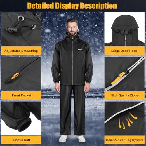 LAMA Rain Suit for Men Women, Waterproof Rain Jacket and Rain Trousers Suit Set, Heavyweight Rainwear with Hood and Storage Pouch, Wind-resistant, Lightweight, Breathable Rain Coat Black M — view 5