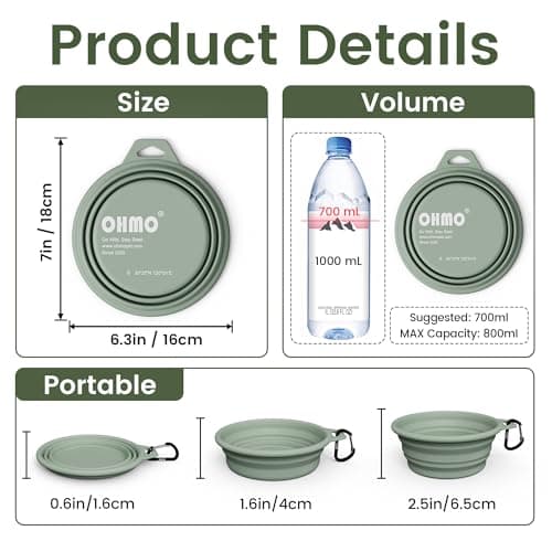 OHMO Large Collapsible Dog Bowl with Steel Ring, 800ml, Light Green — view 2