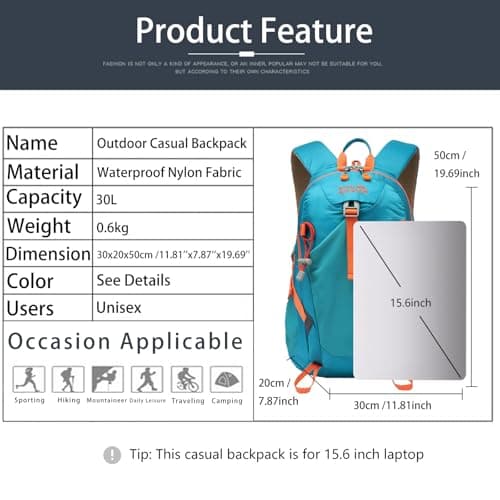 Lightweight Hiking Backpack, 30L Women/Men Waterproof Travel Rucksack Bag with Rain Cover, Outdoor Small Foldable Daypack for Student, Fit for 15.6 inch Laptop (Lake Blue, 30L) — view 2
