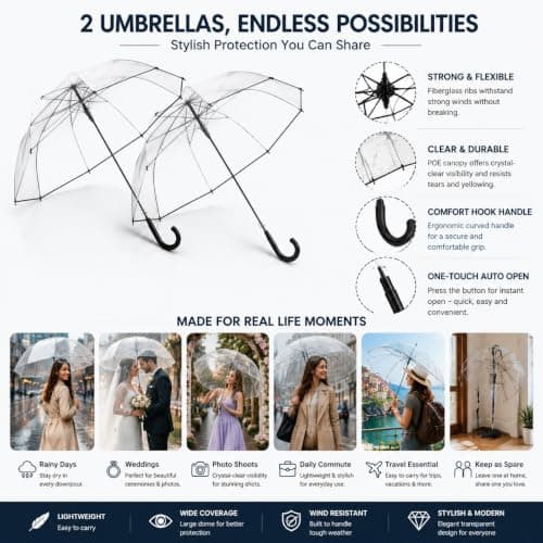 2 Pcs Black Clear Bubble Umbrella Transparent Dome Rain Umbrella Windproof See Through Canopy Fiberglass Frame Large Coverage Wedding Photography Prom Graduation Outdoor Events Travel Men Women, Black — view 6