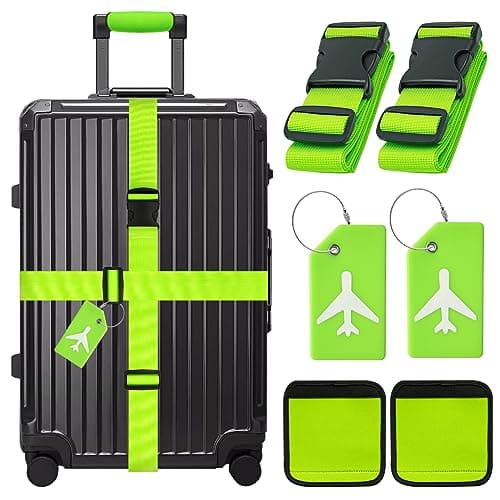 Yauhar 6Pcs Travel Suitcase Accessories Set Contains Silicone Luggage Bag Tags and Luggage Straps and Detachable Handle Covers, Wide Adjustable Packing Belt for Women Men (Green)