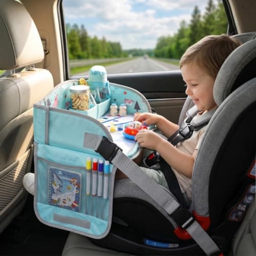 Kids Travel Tray Large Car Seat Tray Foldable for Girls Boys, Green, Drawing Board with Storage Pockets — view 5