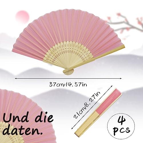 Grantop 4 Pcs Black Folding Hand Fan, Silk Fabric Bamboo Ribs Handheld Fan, Folding Chinese Fan for Wedding Christmas Party Prom Festival DIY Home Decorations (Pink) — view 3