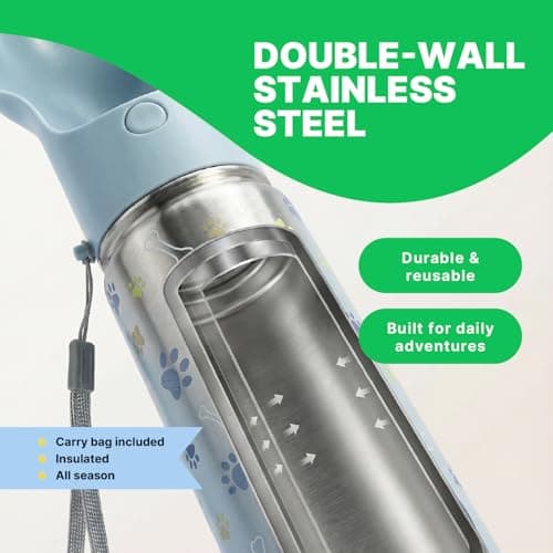 PAWRA Portable Dog Water Bottle 18oz/530ml - Premium Insulated Stainless Steel Travel Pet Bottle with Paw Lid for Daily Walks & Hikes, Leak-Proof & Eco-Friendly, with carry bag — view 3