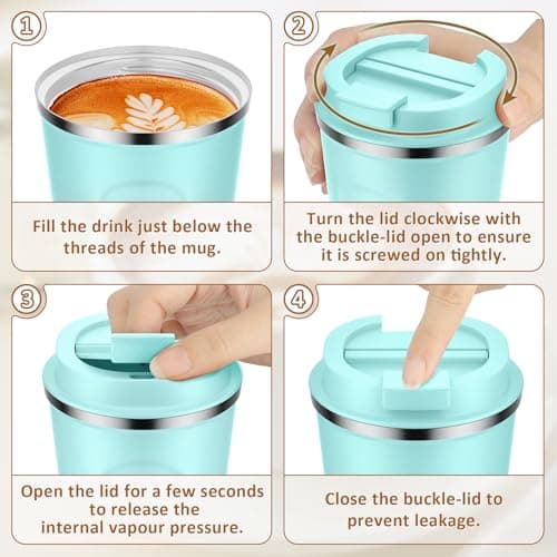 MOMSIV Coffee Cup, 380ml Vacuum Reusable Leakproof Double Wall Coffee Cup, Insulation Stainless Steel Eco-Friendly Travel Office Mug for Hot Coffee Tea and Cold Drinks, Green-Pink — view 4