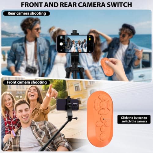Wireless Camera Remote Control with Tripod Mount Adapter, TikTok Scrolling Remote for iPhone & Android, Bluetooth Clicker Phone Remote with Front/Rear Camera Switch for Photo and Video (Orange) — view 3