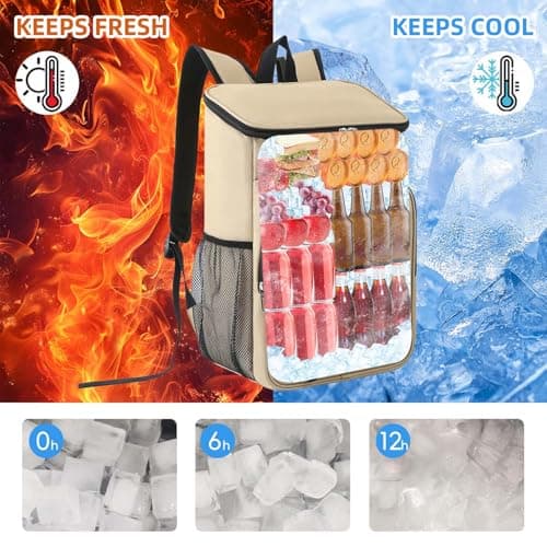 Bagtopia Camping Cooler Backpack 25 Cans, Leak Proof Soft Insulated Compartments Thermal Bag, Portable Lightweight Beach Travel Trip Picnic Lunch Backpack for Men and Women, Stripes-Khaki — view 6