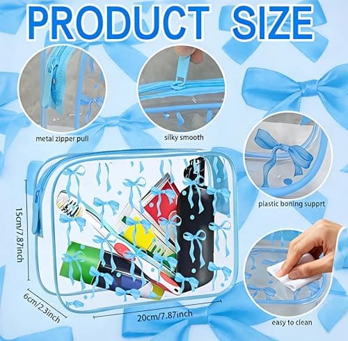 Clear Makeup Bag for Women Girls,Clear Travel Toiletries Bag Blue Bow Cosmetic Bag Travel Toiletry Bag,Waterproof Travel Makeup Bag Travel Wash Bag for Travelling Cosmetics Birthday Gifts (Blue) — view 2