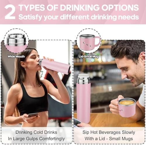 BEIJIE Travel Mug, 550ml Stainless Steel Insulated Hot Water Bottle, Vaccum Thermal Flasks for Hot and Cold Drinks 12h, Metal Water Bottles with Leakproof Cover and Handle, for Kids Men Women - Pink — view 5