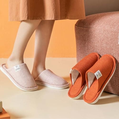 Colexy Women's Men's Slippers, Cotton Linen Comfortable and Breathable Material Indoor Slippers Washable Guest Slippers Autumn Winter Slippers for Hotel Casa Spa, Orange, 6.5/7.5 — view 3