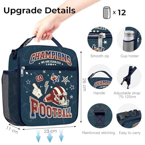Clastyle Hero Insulated Kids Lunch Bag Large Thermal Cooler Bag for Boy Picnic School Lunch Box Tote,Blue Rugby — view 6