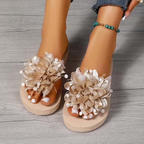 Flip Flop Sandals with Flat Sole Summer Casual Beach Slide Slippers Comfortable Lightweight Outdoor Indoor Wear (Beige, 6) — view 3