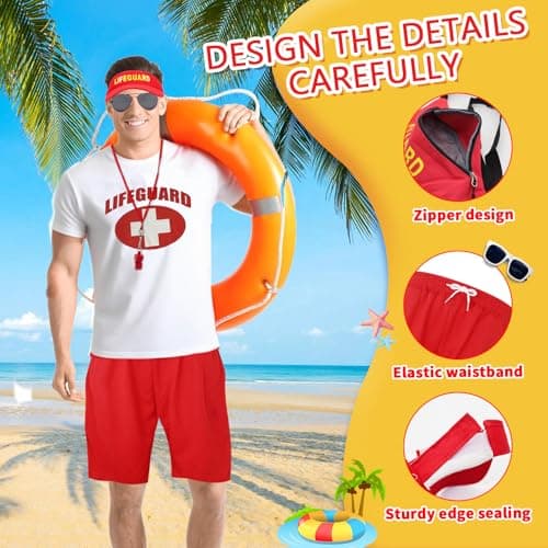 7 Pcs Life Guard Costume Set Guard Accessories Kit Include T-shirt Shorts Hat Fanny Pack Whistle Inflatable Float Prop Sunglasses Life Guard Fancy Dress for Men Women Halloween Cosplay Dress Up Party — view 5